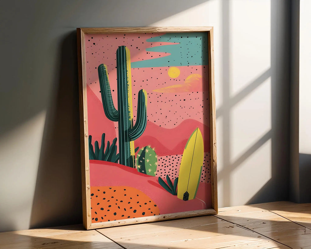 Modern Pop Art | Retro Desert  Print | Cactus & Surfboard Illustration wall art print, modern home decor, unframed artwork by Nomad & Nest