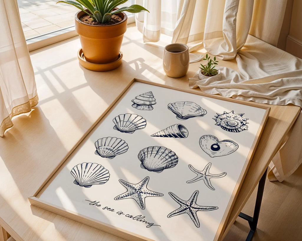 Positive Emotion | The Sea Is Calling Shell Wall Art | Coastal Line Illustration | Minimal Beach Decor wall art print, modern home decor, unframed artwork by Nomad & Nest
