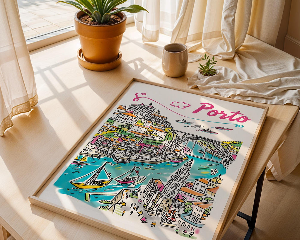 Porto Cityscape Travel Poster | Douro River Illustration Print wall art print, modern home decor, unframed artwork by Nomad & Nest