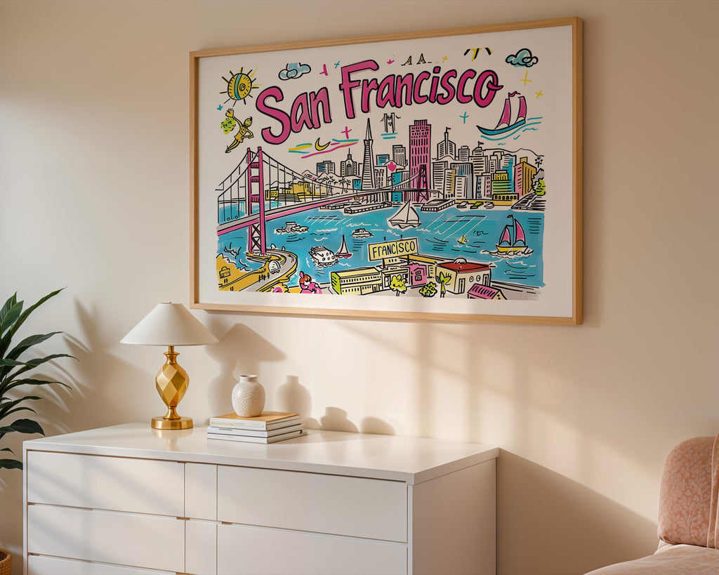 San Francisco Print | Colorful Cityscape Wall Art | Golden Gate Bridge Poster wall art print, modern home decor, unframed artwork by Nomad & Nest