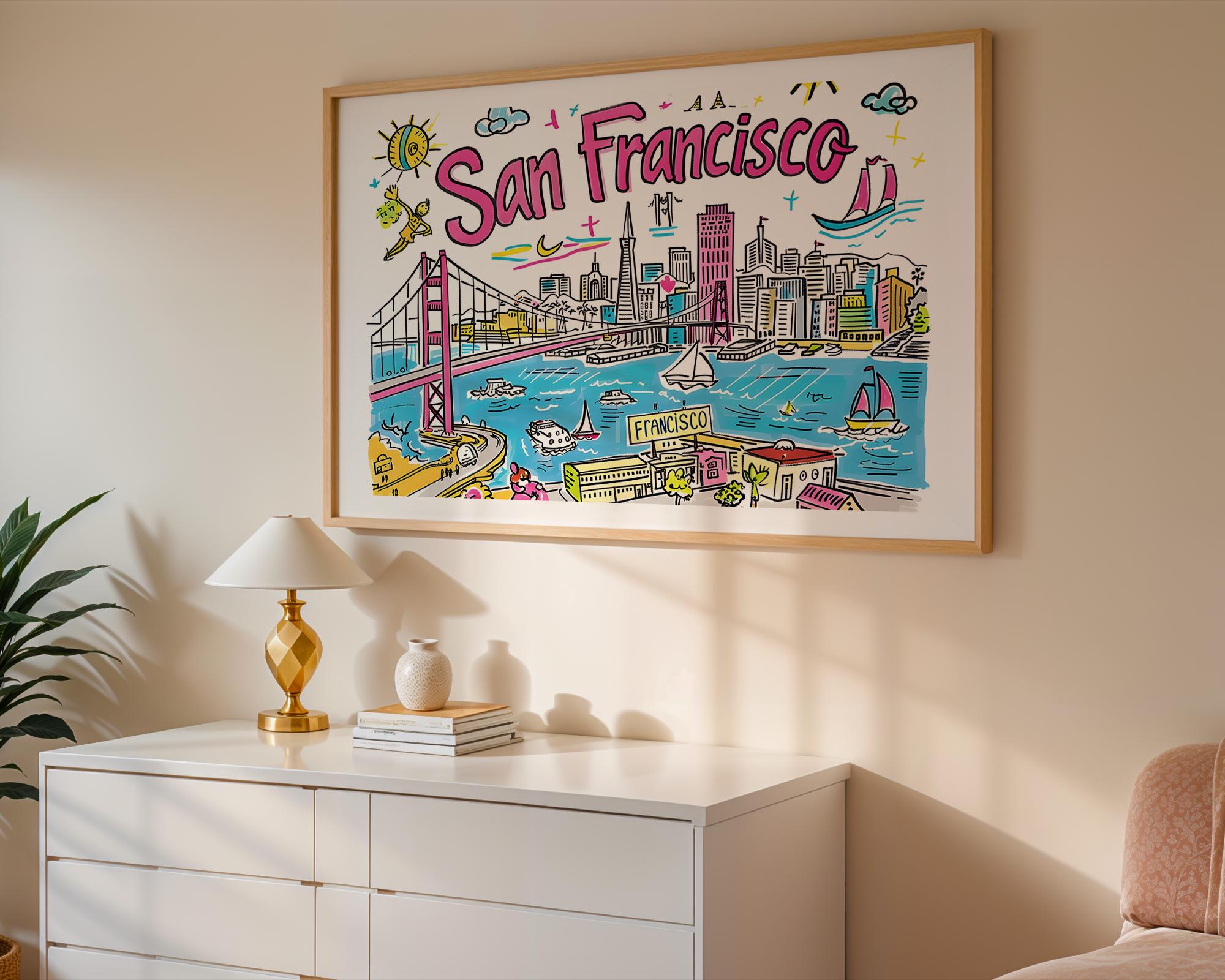 San Francisco Print | Colorful Cityscape Wall Art | Golden Gate Bridge Poster wall art print, modern home decor, unframed artwork by Nomad & Nest