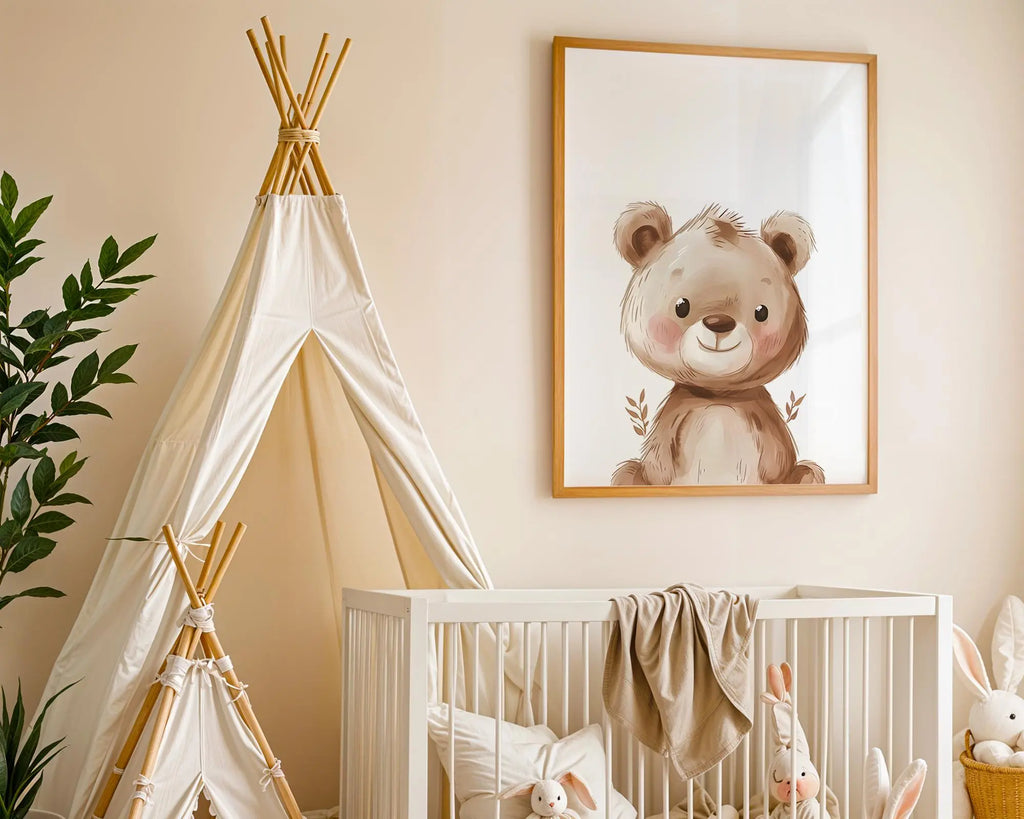 Playroom Ideas | Teddy Bear Nursery Wall Art | Soft Woodland Animal Print wall art print, modern home decor, unframed artwork by Nomad & Nest