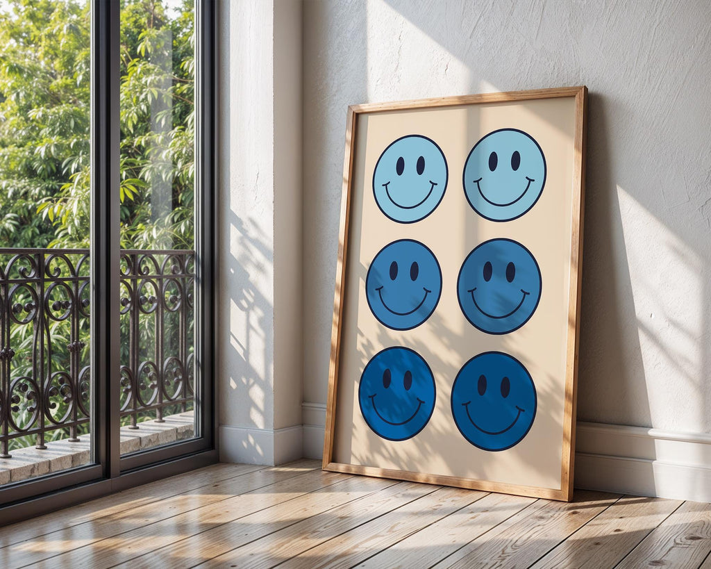 Blue Smiley Face Print | Retro Pop Art Decor wall art print, modern home decor, unframed artwork by Nomad & Nest