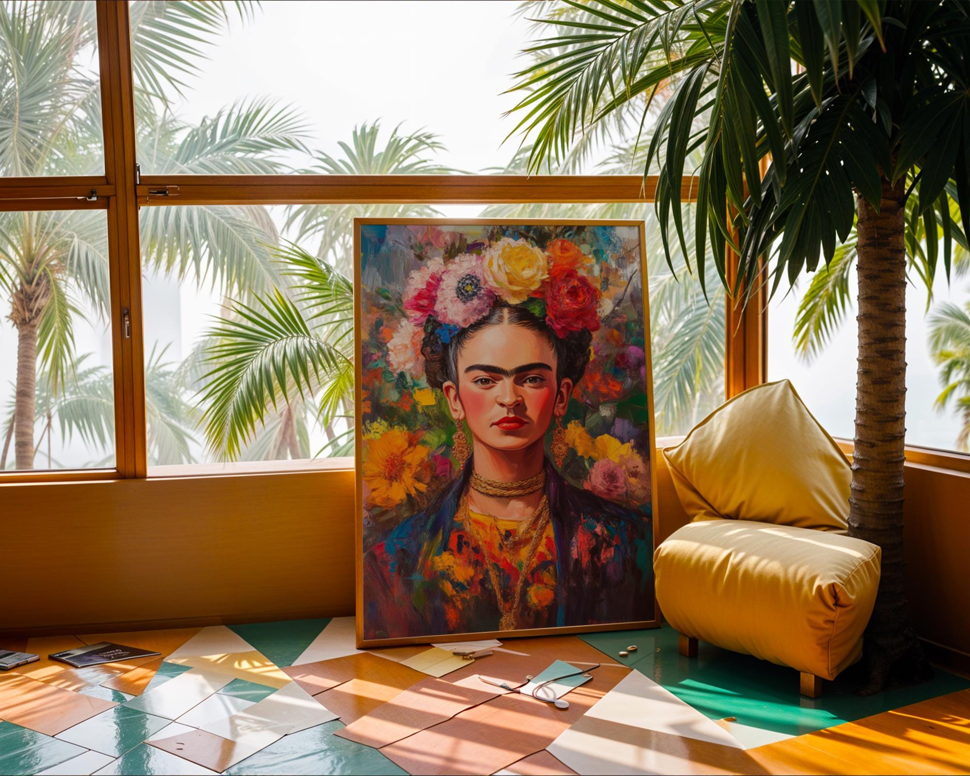 Frida Kahlo Portrait Print | Colourful Flower Crown, Eclectic Wall Art wall art print, modern home decor, unframed artwork by Nomad & Nest