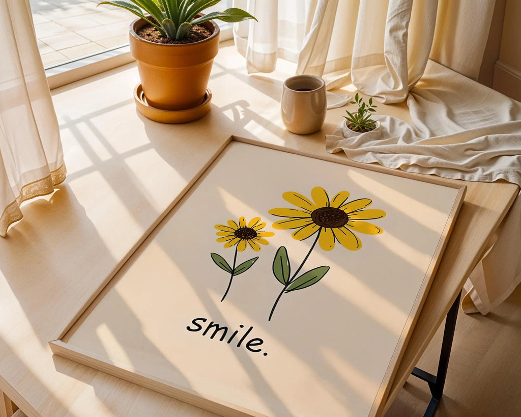 Positive Emotion | Smile Sunflower Wall Art | Simple Happy Floral Print | Cheerful Home Decor wall art print, modern home decor, unframed artwork by Nomad & Nest