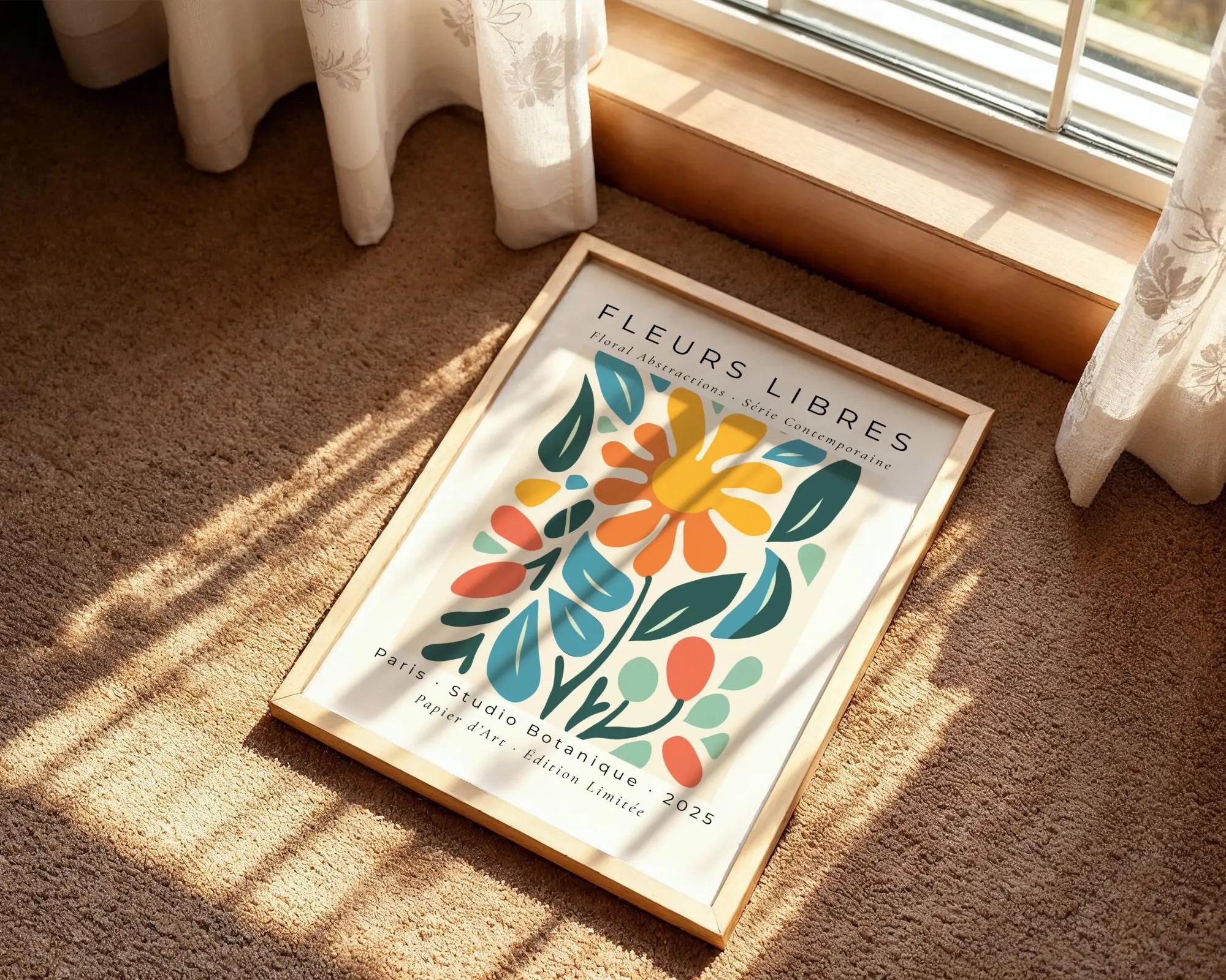 Abstract Floral Art Print | Yellow, Coral & Blue Botanical Poster wall art print, modern home decor, unframed artwork by Nomad & Nest