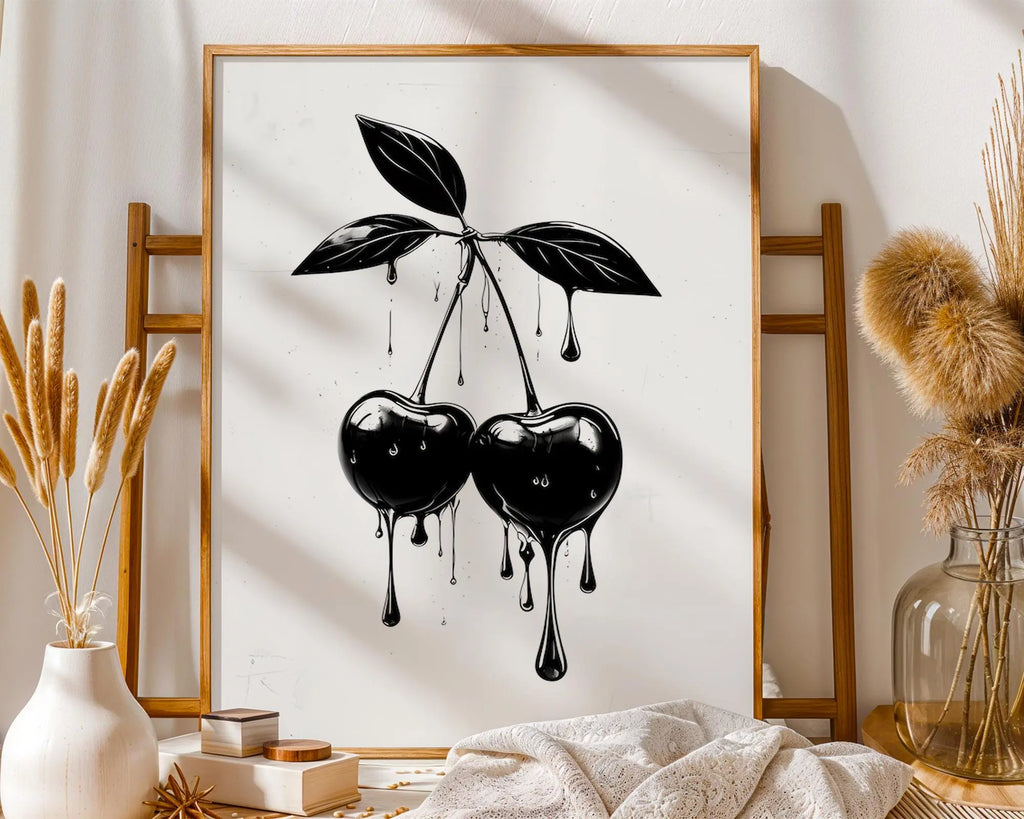 Positive Emotion | Black Dripping Cherries Print – Gothic Monochrome Wall Art wall art print, modern home decor, unframed artwork by Nomad & Nest