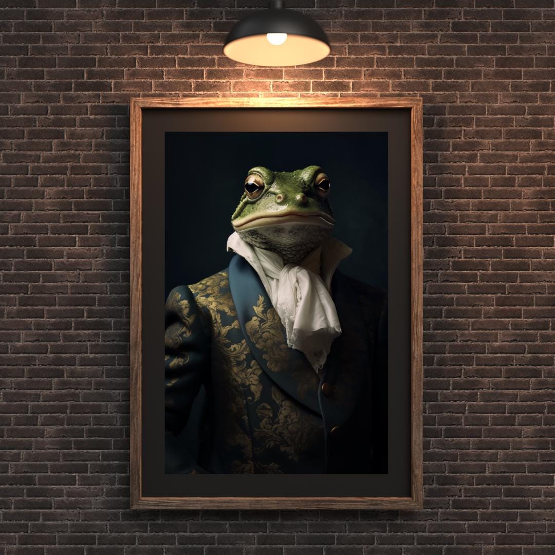 Whimsical Frog Wall Art | Blue Velvet Suit & Cravat, 18th Century Amphibian Aristocrat Print wall art print, modern home decor, unframed artwork by Nomad & Nest