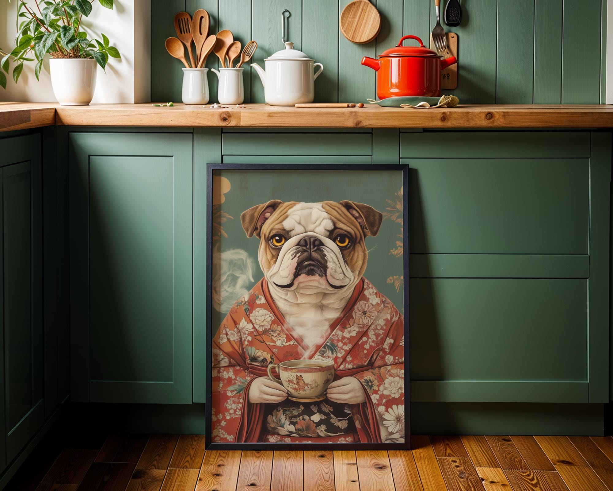 Japanese Poster | Kimono Bulldog Print – Funny Oriental Dog Wall Art wall art print, modern home decor, unframed artwork by Nomad & Nest