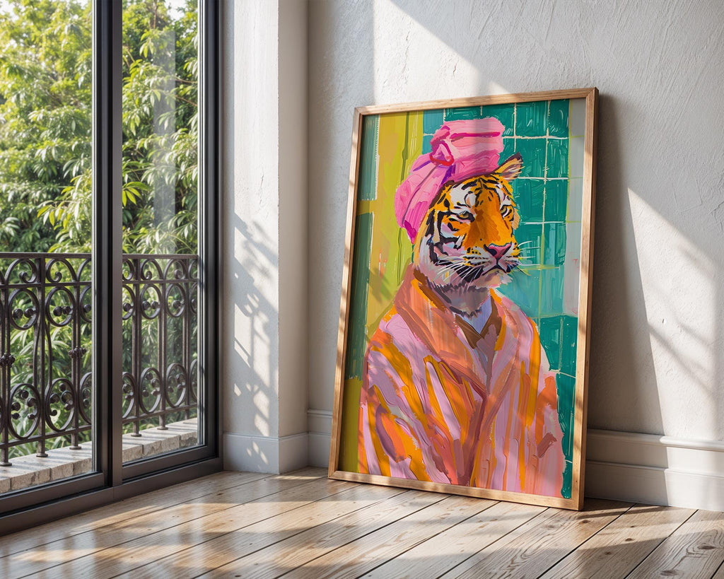 Colourful Prints | Tiger in Bathrobe Art Print | Funny Bathroom Animal Poster wall art print, modern home decor, unframed artwork by Nomad & Nest