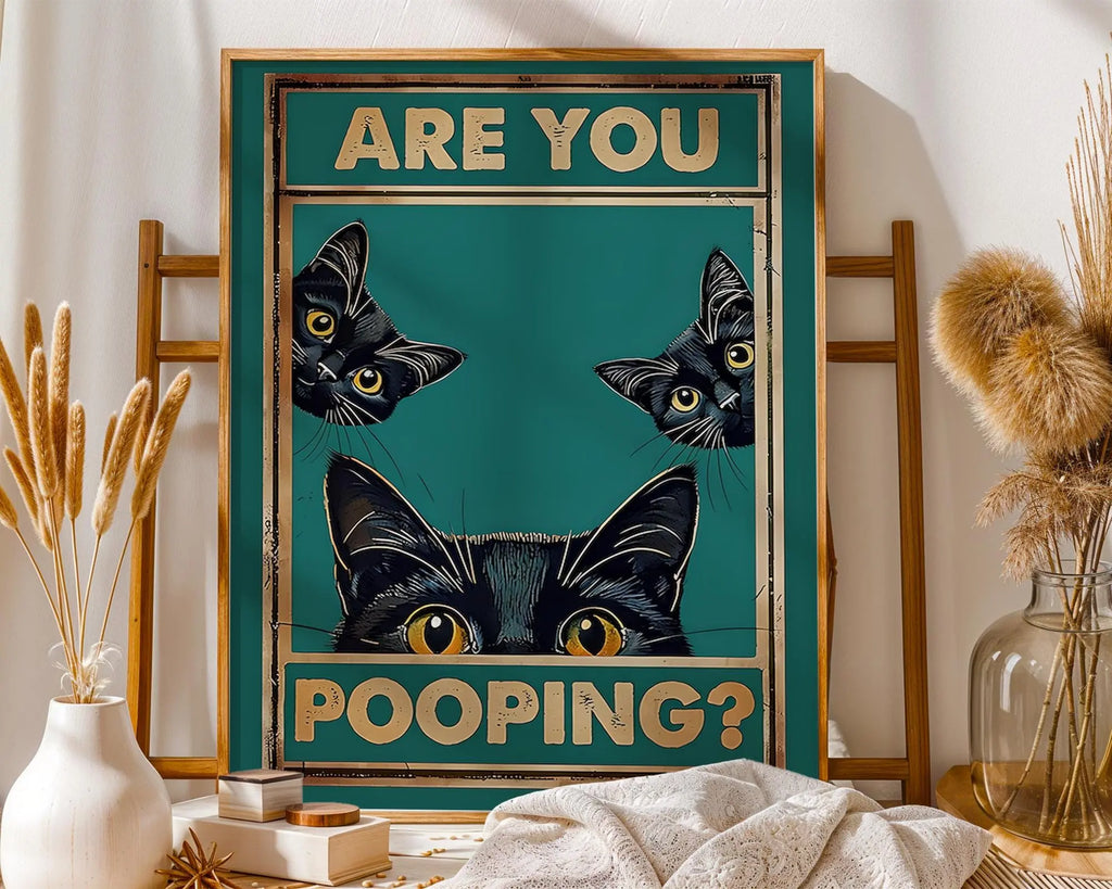 Funny Black Cat Bathroom Art Print | Quirky Pet Humor wall art print, modern home decor, unframed artwork by Nomad & Nest