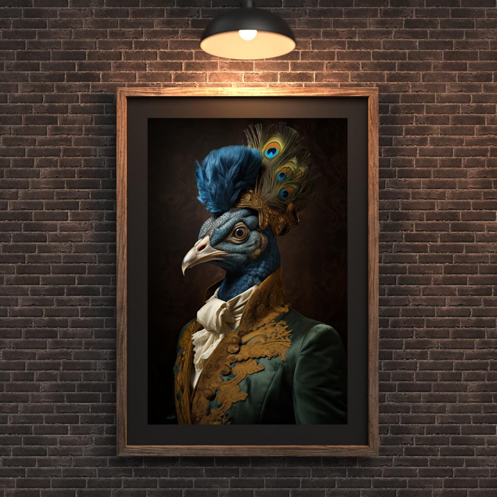 Peacock Art Print | Funny Animal Portrait, Green Rococo Coat wall art print, modern home decor, unframed artwork by Nomad & Nest