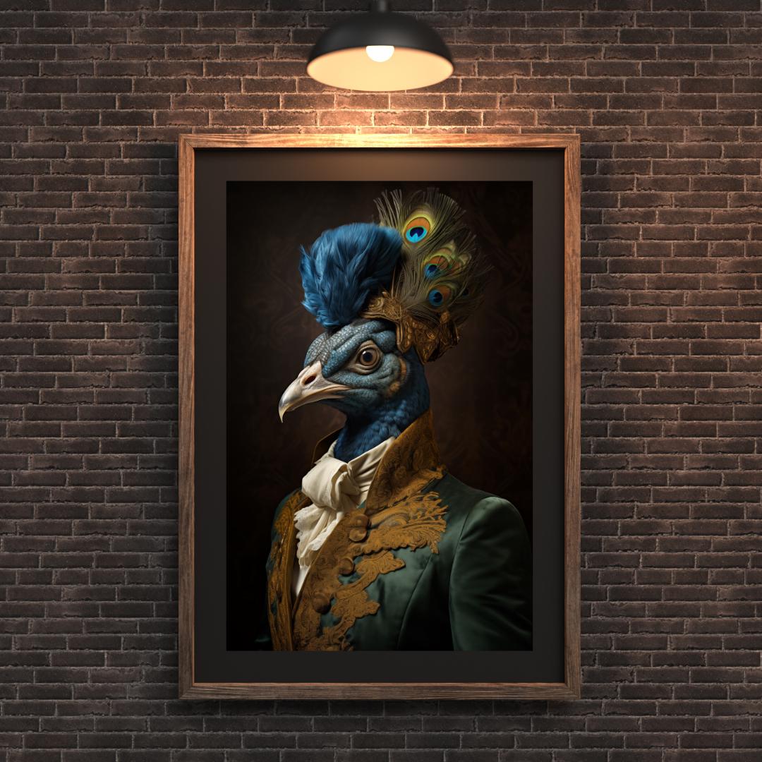 Peacock Art Print | Funny Animal Portrait, Green Rococo Coat wall art print, modern home decor, unframed artwork by Nomad & Nest