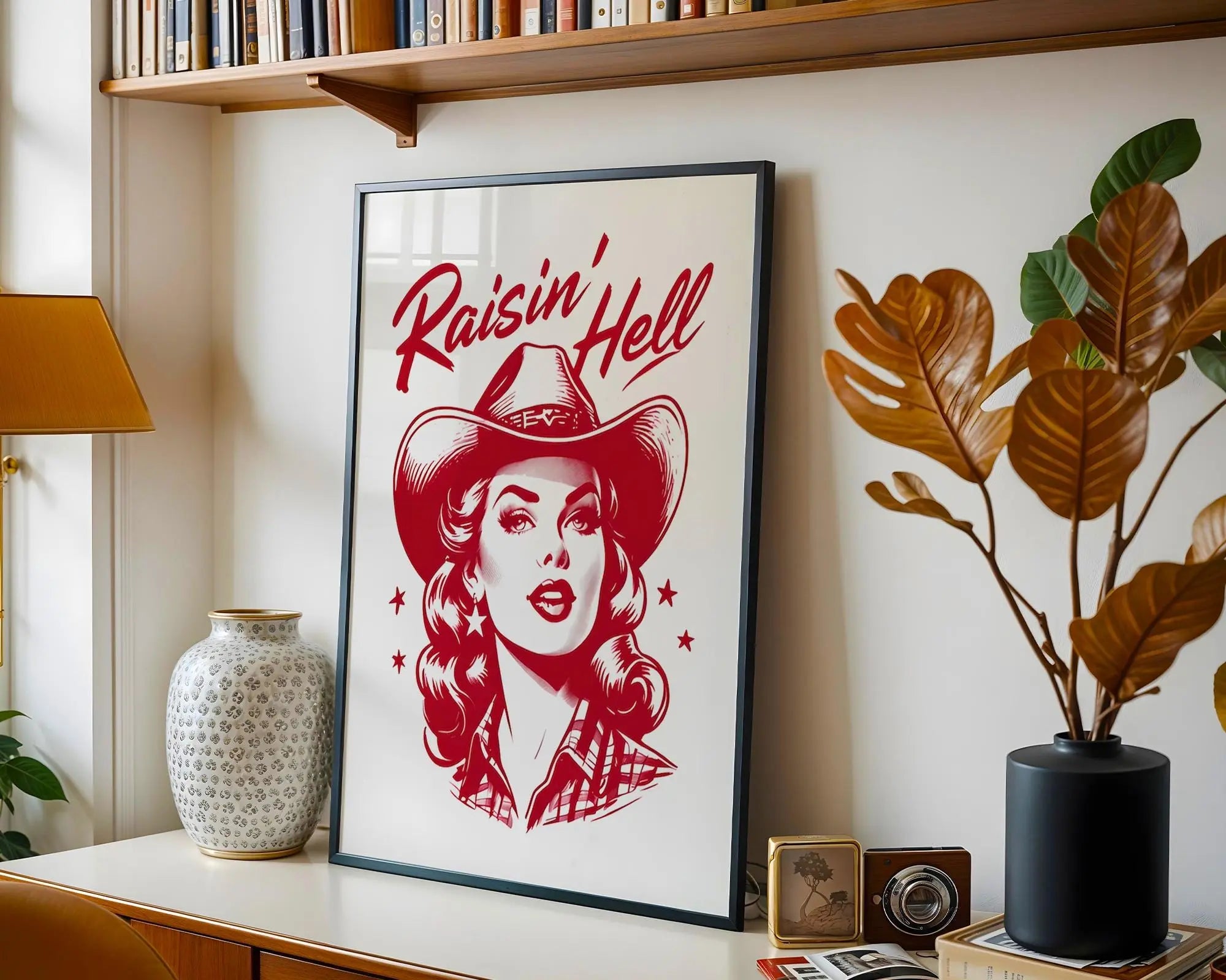 Positive Emotion | Raisin’ Hell Cowgirl Retro Art Print | Western Pin Up Cowgirl Wall Art wall art print, modern home decor, unframed artwork by Nomad & Nest