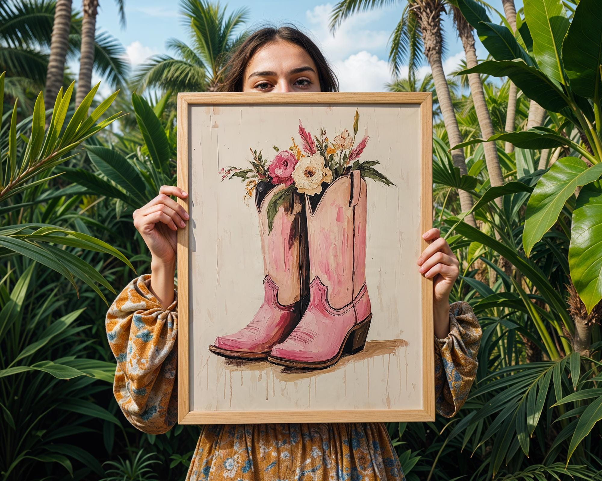 Pink Cowboy Boots with Flowers Print | Floral Western Wall Art wall art print, modern home decor, unframed artwork by Nomad & Nest