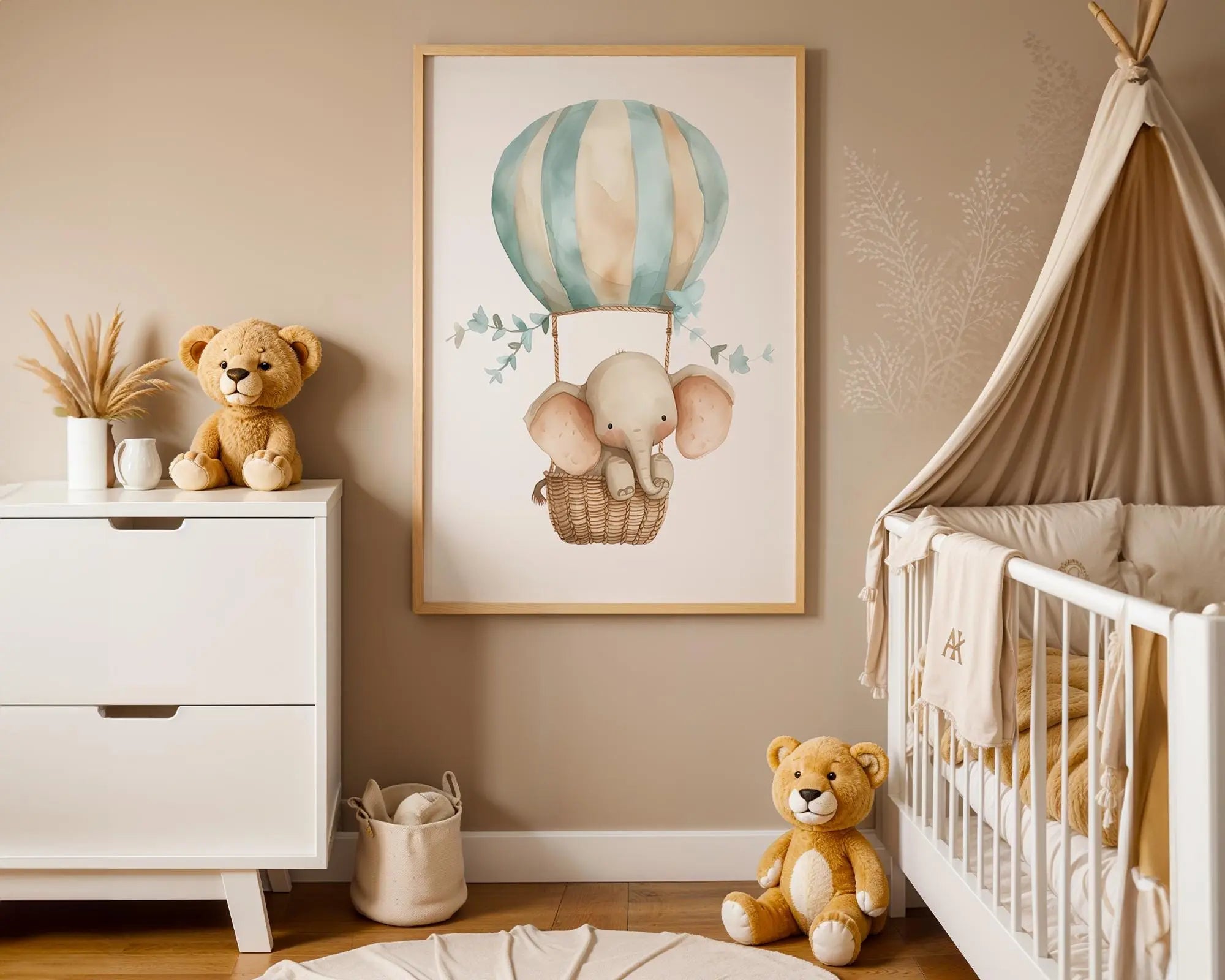 Playroom Ideas | Elephant Balloon Nursery Art | Blush Safari Baby Decor wall art print, modern home decor, unframed artwork by Nomad & Nest