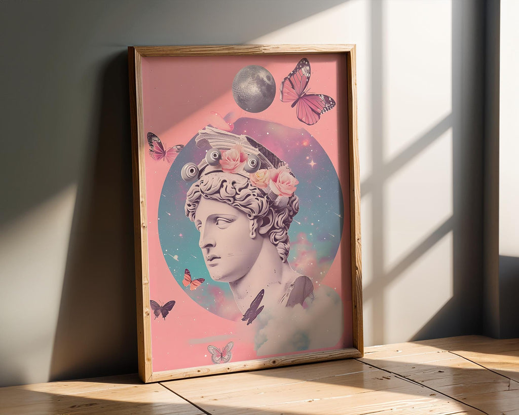 Modern Pop Art | Pink Greek Statue  Print | Surreal Butterfly Collage Poster wall art print, modern home decor, unframed artwork by Nomad & Nest