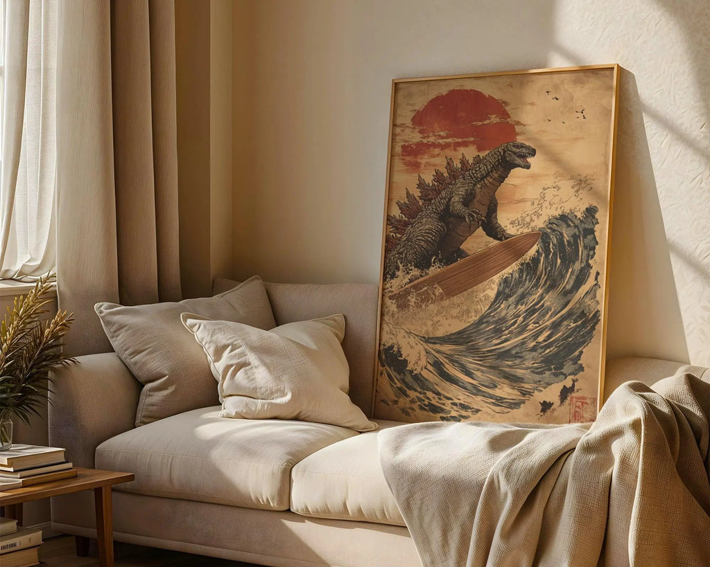 Japanese Poster | Godzilla Surfing Ukiyo-e Wave Art Print –  Kaiju wall art print, modern home decor, unframed artwork by Nomad & Nest