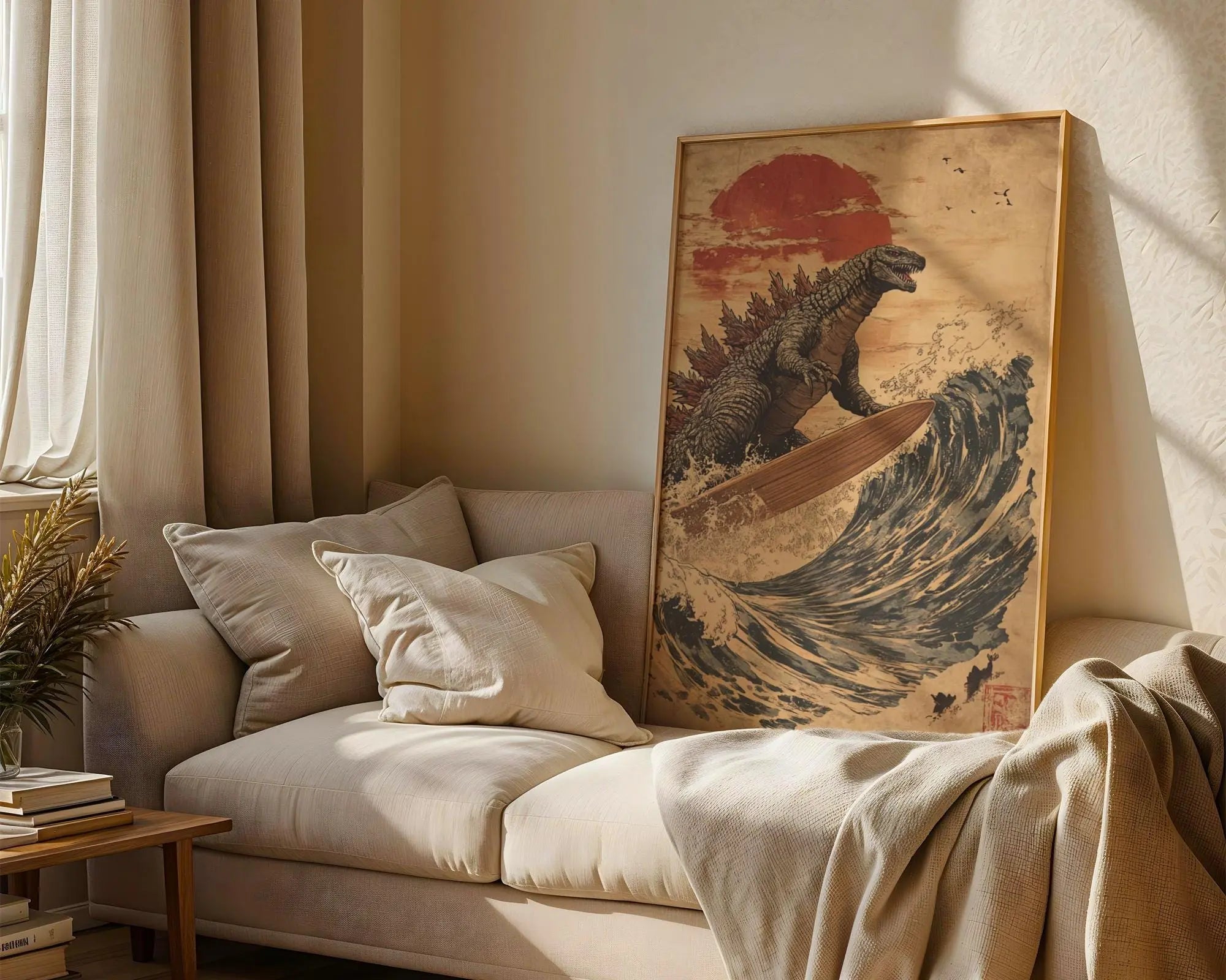 Japanese Poster | Godzilla Surfing Ukiyo-e Wave Art Print –  Kaiju wall art print, modern home decor, unframed artwork by Nomad & Nest