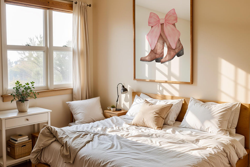 Watercolor Cowboy Boots Print | Pink Bow, Girly Western Decor wall art print, modern home decor, unframed artwork by Nomad & Nest