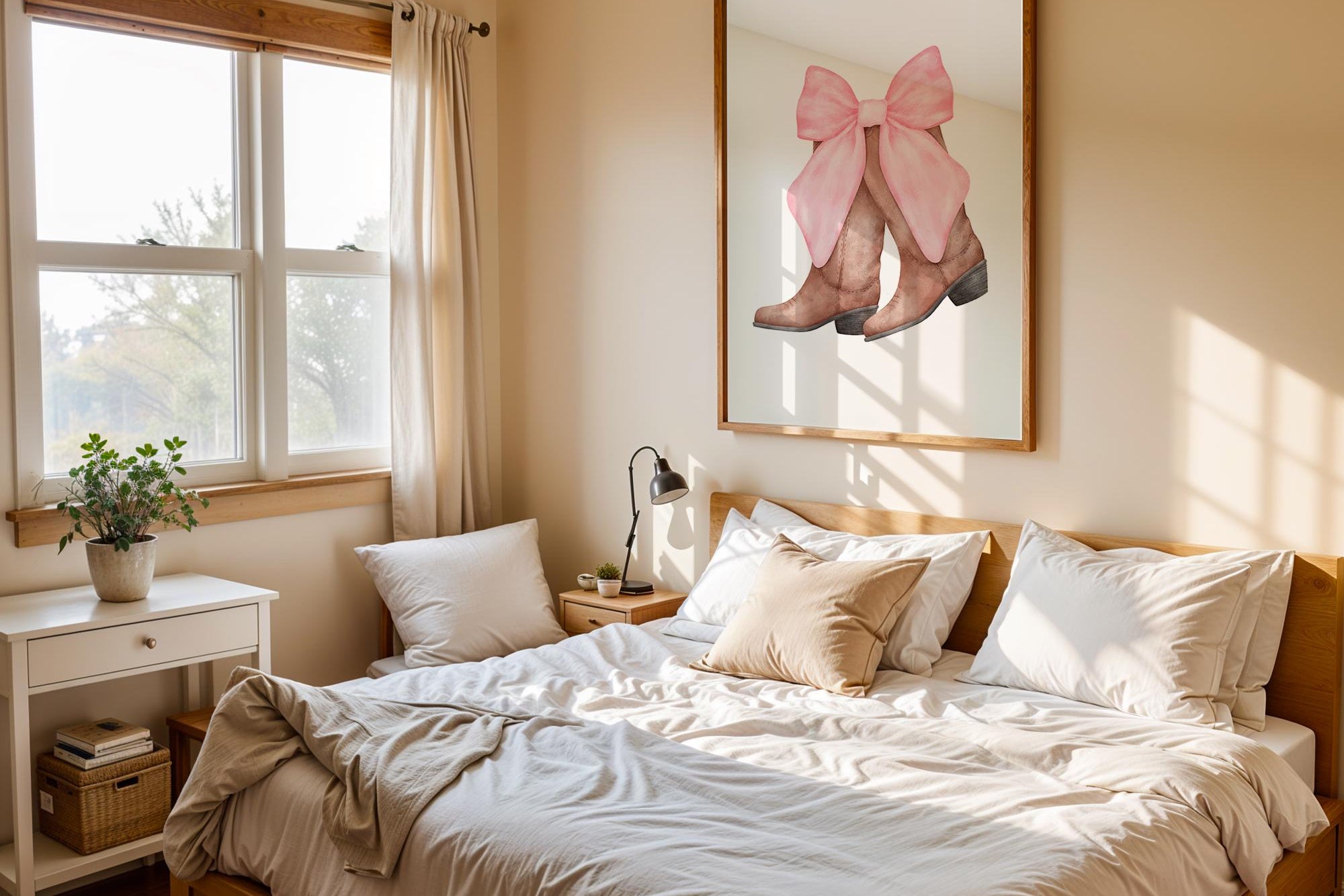 Watercolor Cowboy Boots Print | Pink Bow, Girly Western Decor wall art print, modern home decor, unframed artwork by Nomad & Nest