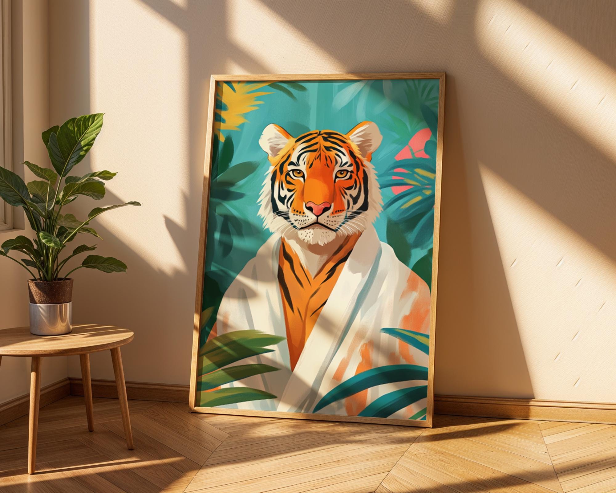 Tropical Tiger Print | Quirky Animal Robe Art wall art print, modern home decor, unframed artwork by Nomad & Nest