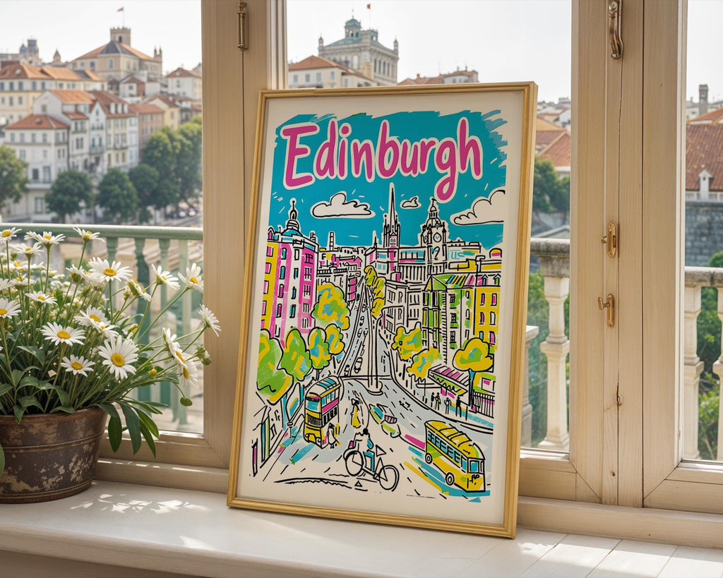 Edinburgh Scotland Poster | Colorful Hand-Drawn Cityscape Travel Print wall art print, modern home decor, unframed artwork by Nomad & Nest