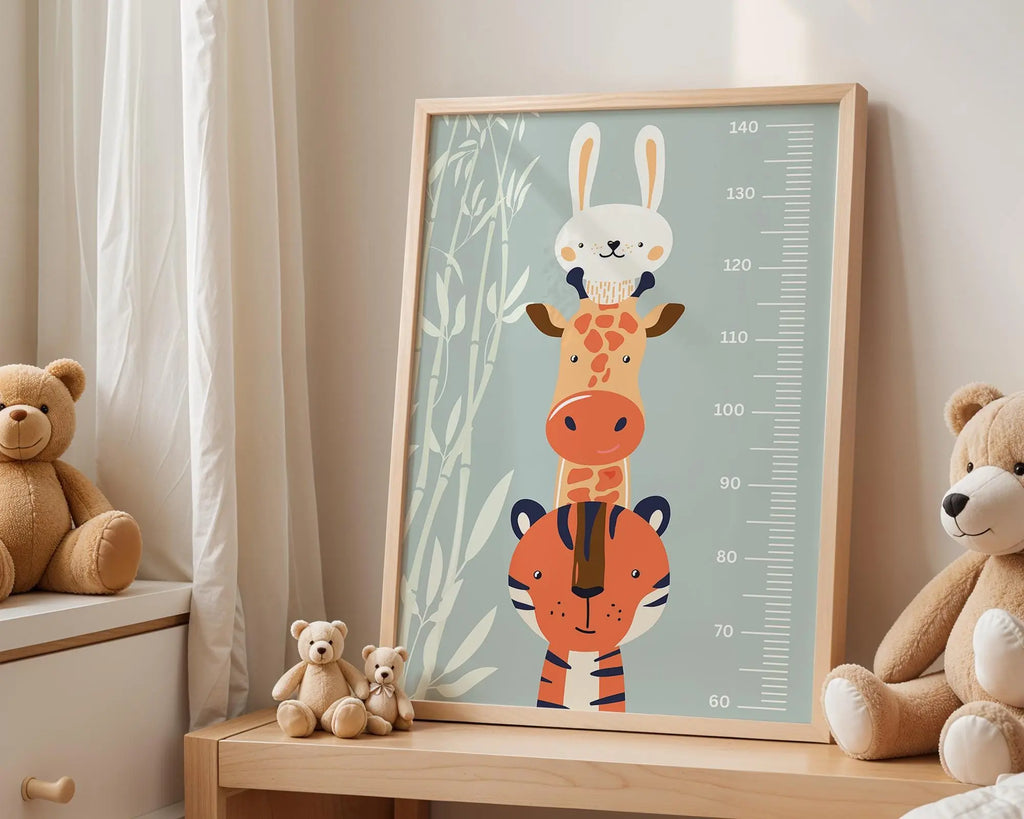 Playroom Ideas | Animal Height Chart Nursery Print | Giraffe Tiger Bunny wall art print, modern home decor, unframed artwork by Nomad & Nest
