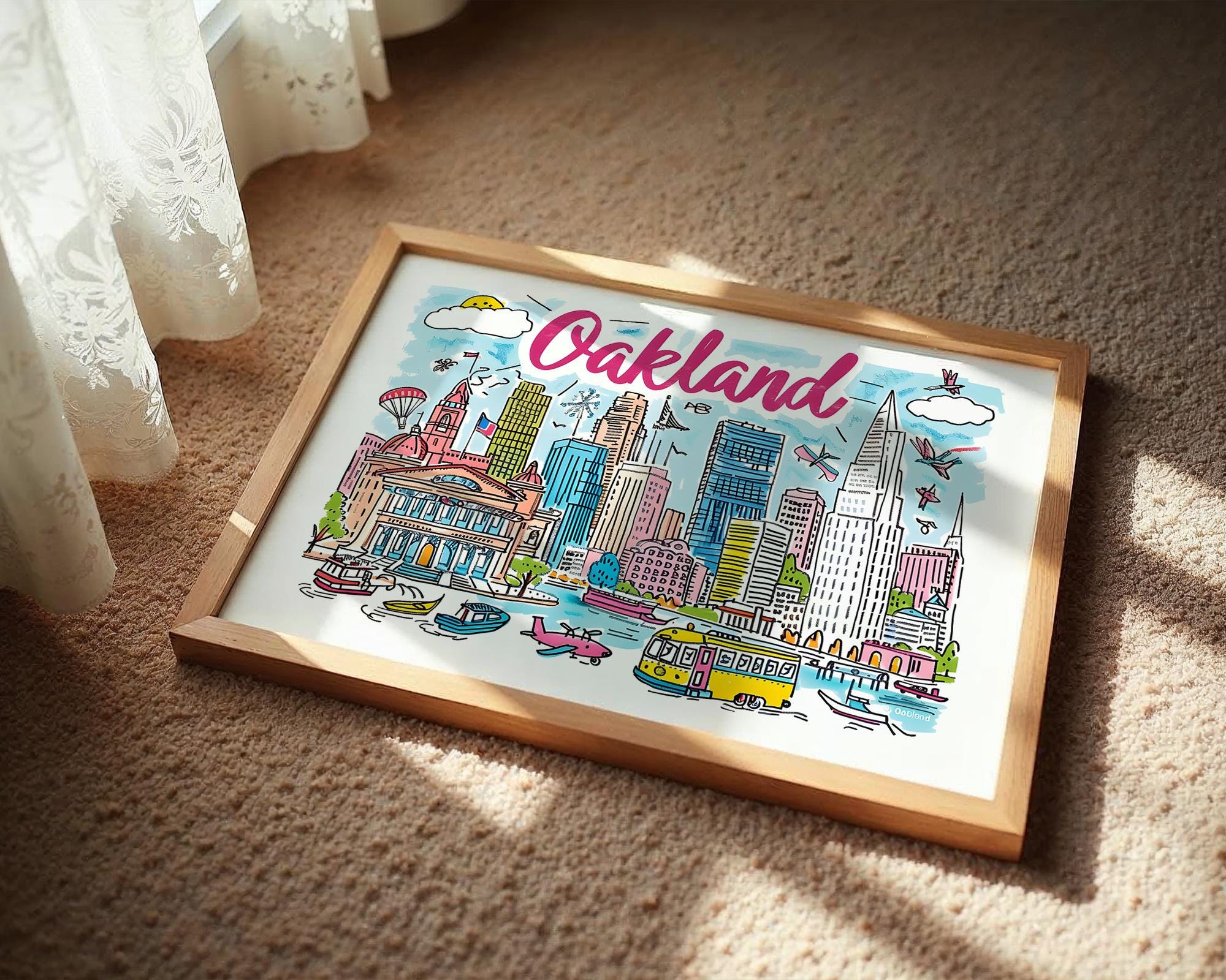 Oakland California Art Print | Colorful Cityscape Travel Poster wall art print, modern home decor, unframed artwork by Nomad & Nest