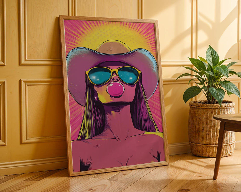 Pop Art Cowgirl Print | Hot Pink Bubble Gum Poster wall art print, modern home decor, unframed artwork by Nomad & Nest
