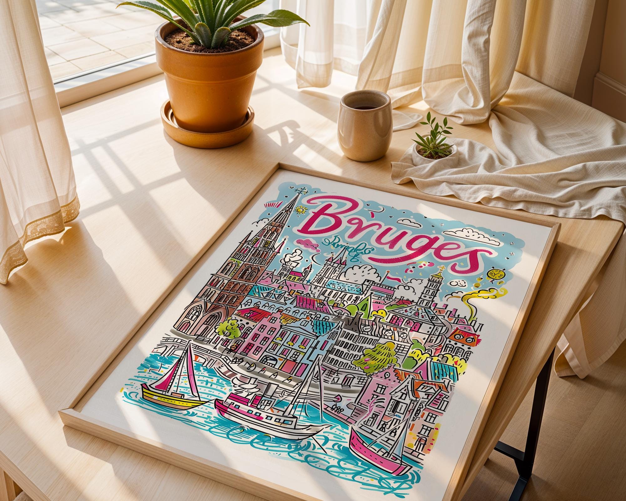 Bruges Belgium Art Print | Colorful Canal City Illustration wall art print, modern home decor, unframed artwork by Nomad & Nest