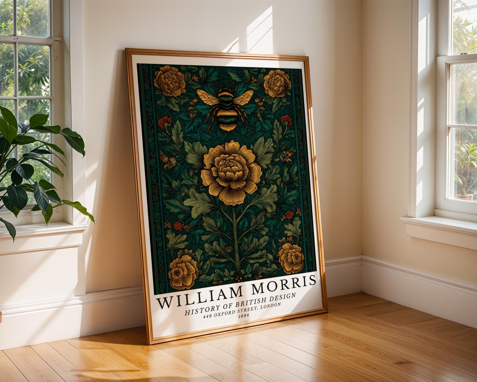 William Morris Print Bee & Rose Art  | Teal and Gold Botanical Poster wall art print, modern home decor, unframed artwork by Nomad & Nest