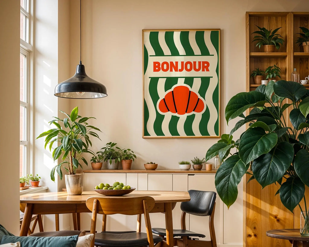 Positive Emotion | Bonjour Croissant | French Café Wall Art | Retro Kitchen Typography Print wall art print, modern home decor, unframed artwork by Nomad & Nest