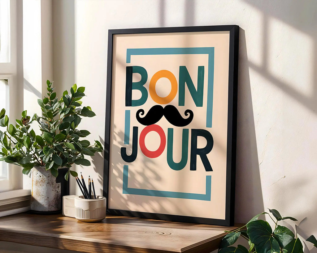 Positive Emotion | Bonjour Typography Wall Art | Playful Mustache Print | Modern French Quote Decor wall art print, modern home decor, unframed artwork by Nomad & Nest