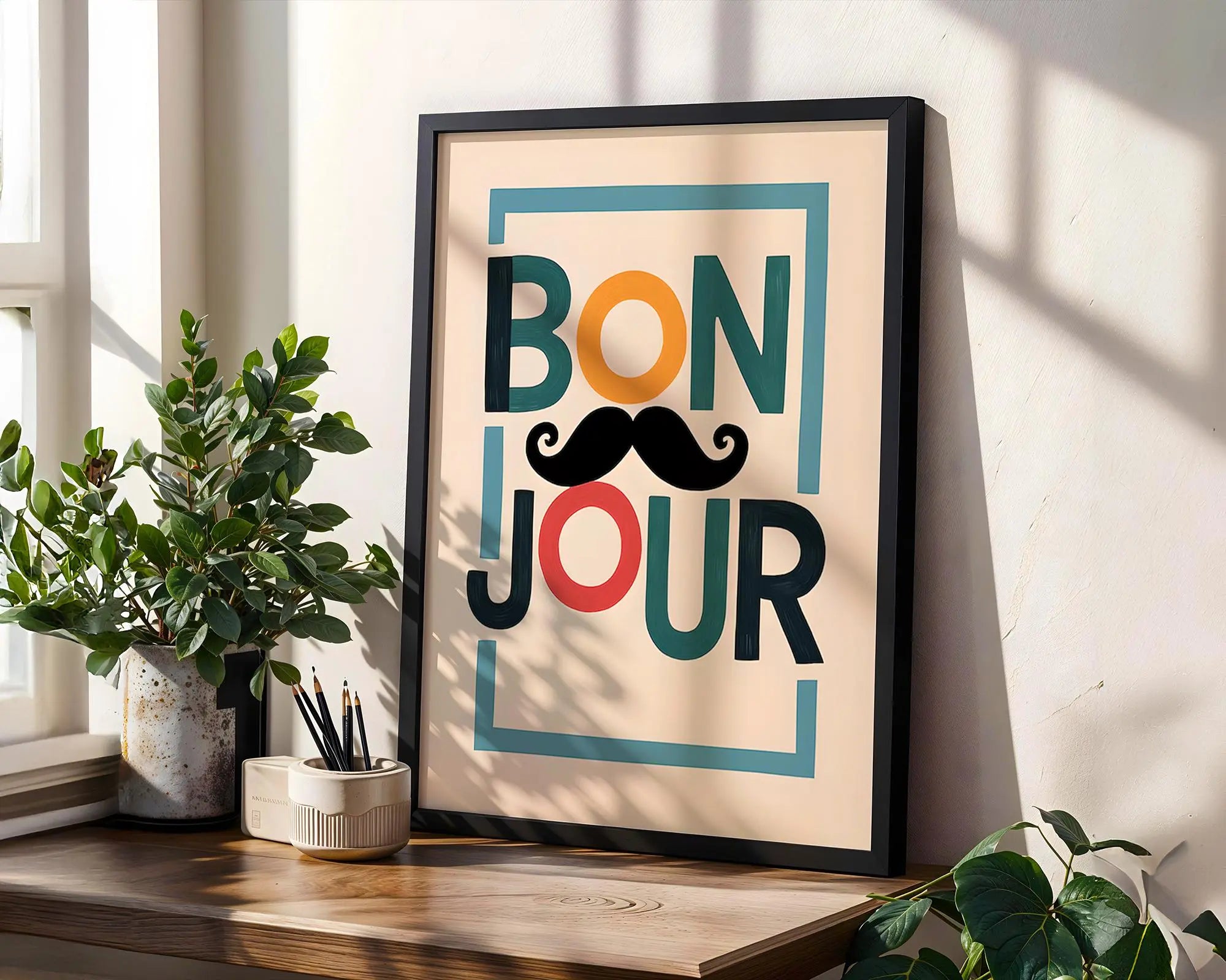 Positive Emotion | Bonjour Typography Wall Art | Playful Mustache Print | Modern French Quote Decor wall art print, modern home decor, unframed artwork by Nomad & Nest