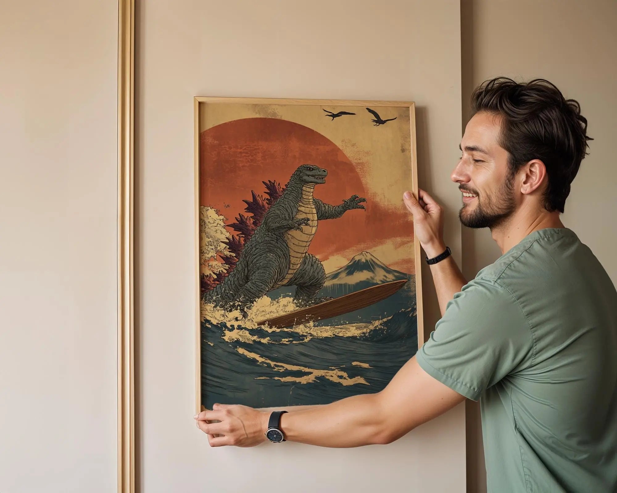 Japanese Poster | Godzilla Surfing Ukiyo-e Print –  Wave, Kaiju Art wall art print, modern home decor, unframed artwork by Nomad & Nest