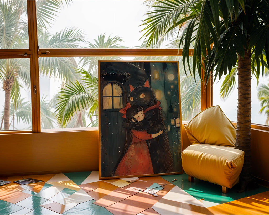 Girl and Black Cat Hug Print | Whimsical Bedroom Wall Art wall art print, modern home decor, unframed artwork by Nomad & Nest