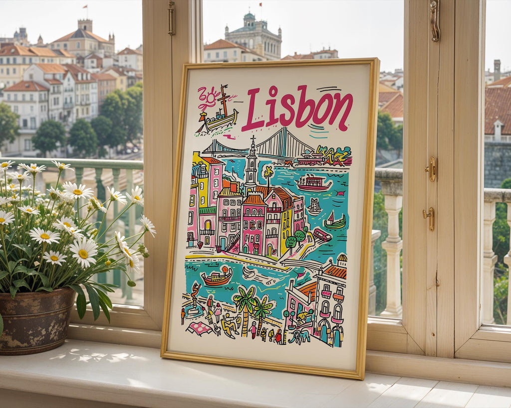Colorful Lisbon Portugal Travel Poster | Cityscape Wall Art Print wall art print, modern home decor, unframed artwork by Nomad & Nest