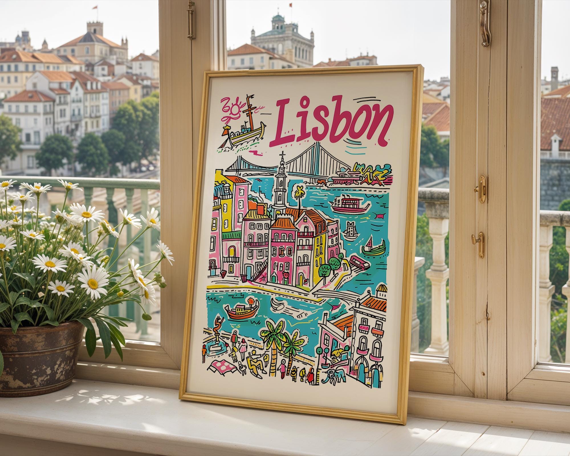 Colorful Lisbon Portugal Travel Poster | Cityscape Wall Art Print wall art print, modern home decor, unframed artwork by Nomad & Nest