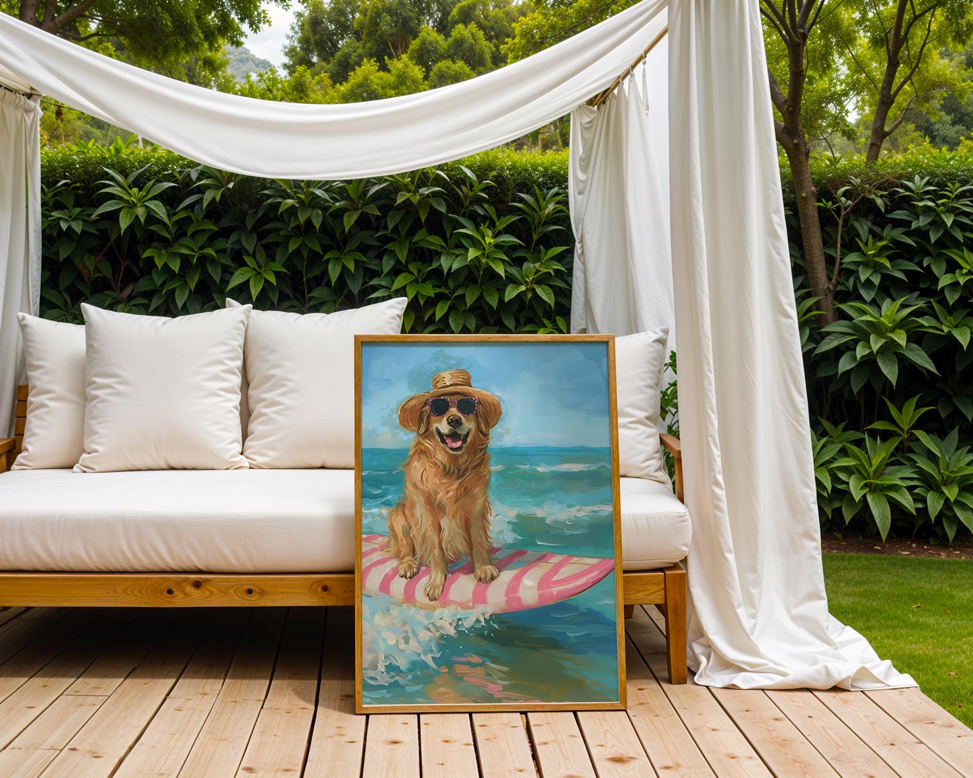 Colourful Prints | Surfer Golden Retriever Art Print | Beach House Coastal Decor wall art print, modern home decor, unframed artwork by Nomad & Nest