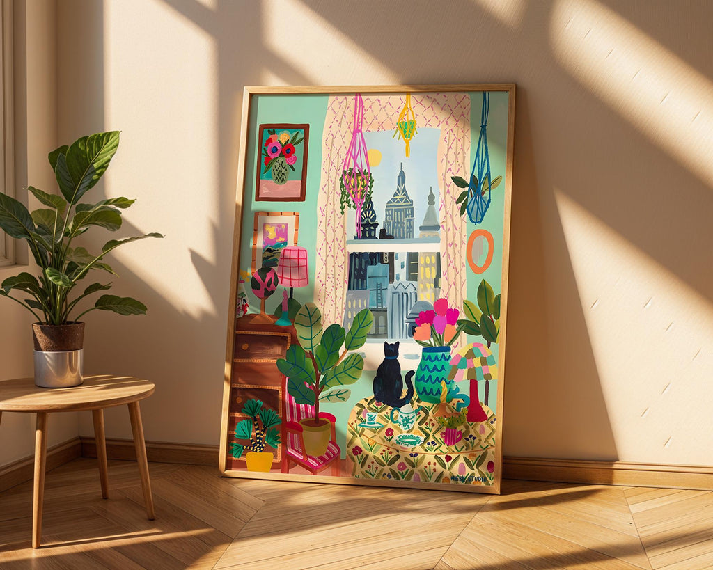 Cat by Window Art Print | Colorful Interior, Botanical Illustration wall art print, modern home decor, unframed artwork by Nomad & Nest