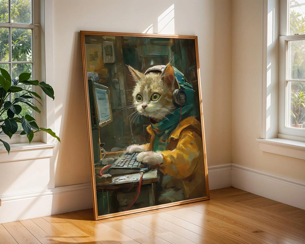 Gamer Cat Print | Lo-Fi Kitten Programmer Wall Art | Digital Art Cyberpunk Cat Poster | Cute Geeky Animal Office Decor | Boys Room Poster wall art print, modern home decor, unframed artwork by Nomad & Nest