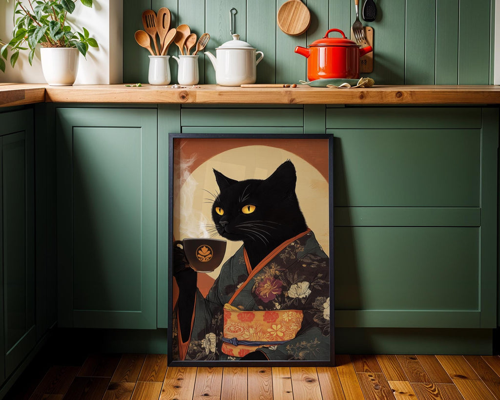 Japanese Poster | Black Cat Kimono Print – Coffee Lover Vintage Feline Art wall art print, modern home decor, unframed artwork by Nomad & Nest