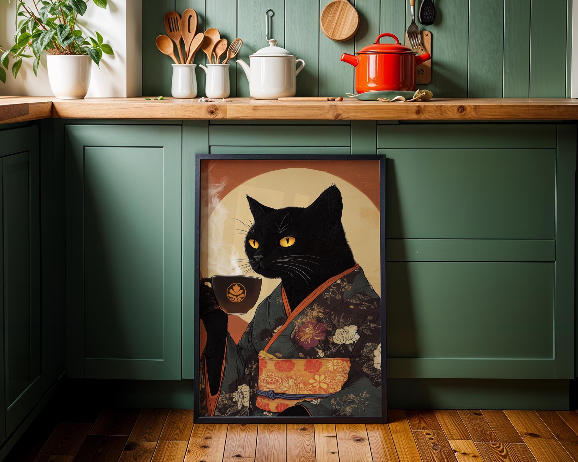 Japanese Poster | Black Cat Kimono Print – Coffee Lover Vintage Feline Art wall art print, modern home decor, unframed artwork by Nomad & Nest