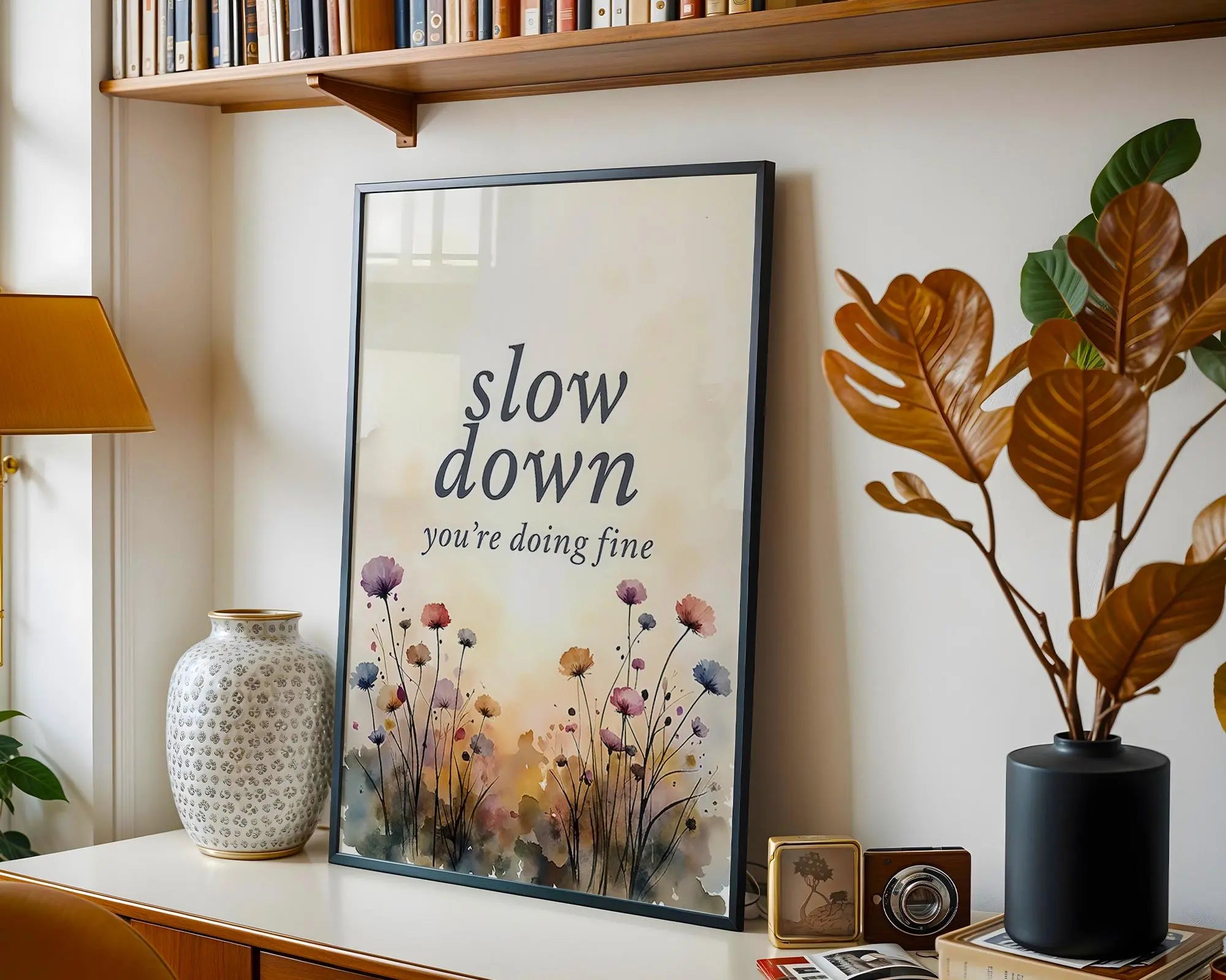Positive Emotion | Slow Down You’re Doing Fine | Soft Floral Watercolour Encouragement Art wall art print, modern home decor, unframed artwork by Nomad & Nest