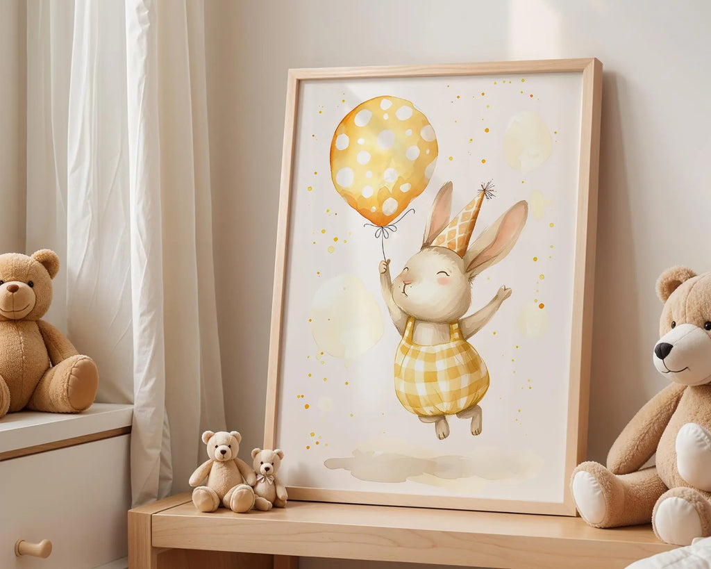 Playroom Ideas | Party Bunny with Balloon Nursery Art – Birthday Baby Print wall art print, modern home decor, unframed artwork by Nomad & Nest