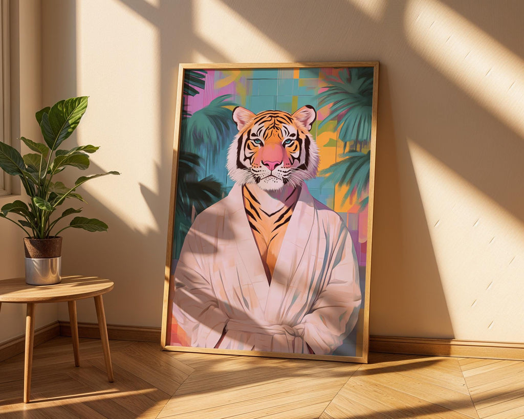 Tiger in Robe Art Print | Quirky Animal Poster wall art print, modern home decor, unframed artwork by Nomad & Nest