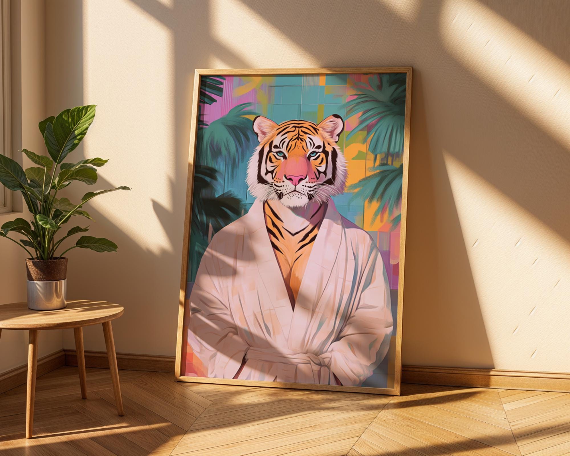 Tiger in Robe Art Print | Quirky Animal Poster wall art print, modern home decor, unframed artwork by Nomad & Nest