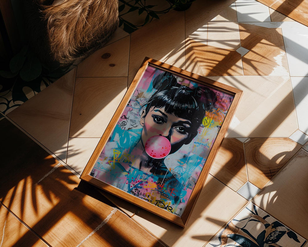 Modern Pop Art | Audrey Hepburn Bubblegum Print | Neon Graffiti wall art print, modern home decor, unframed artwork by Nomad & Nest