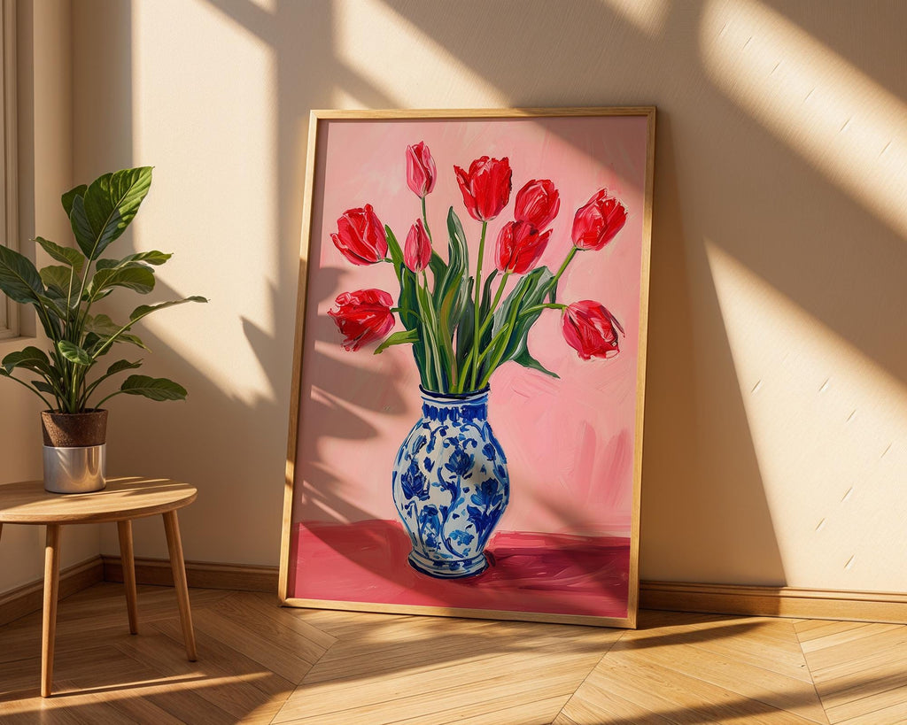 Colourful Prints | Red Tulips Print | Pink Botanical Art, Blue Vase Poster wall art print, modern home decor, unframed artwork by Nomad & Nest
